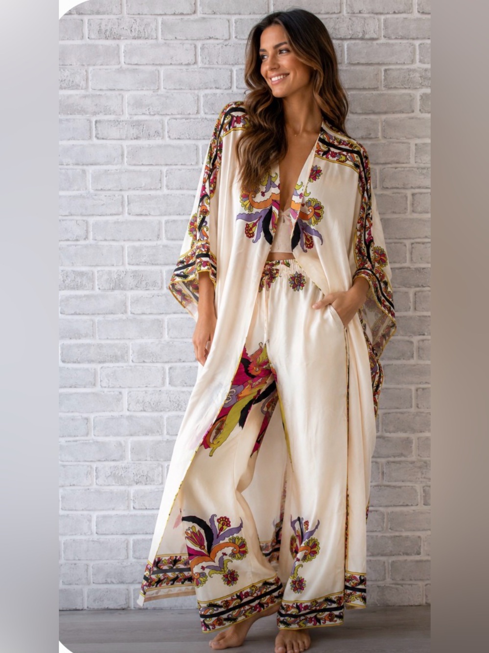 Urban Lux Cream Floral Print swim coat and matching pants